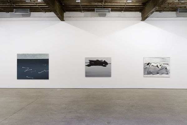 Installation view of Wilhelm Sasnal's fourth solo show at Anton Kern gallery, featuring a body of paintings organized around subject matters concerning personal contemporary life.