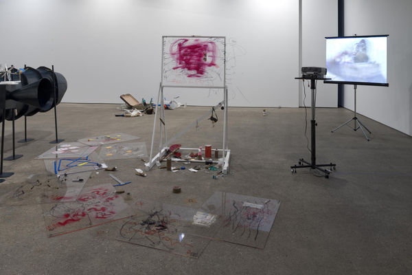 Installation view of John Bock's fifth show at Anton Kern Gallery. Drawing frame pictured here.