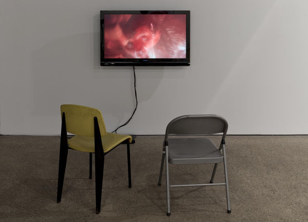 Installation view of John Bock's fifth show at Anton Kern Gallery. Viewing area for film.