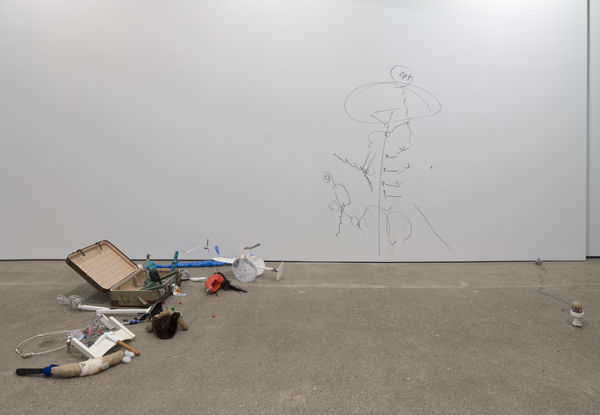 Installation view of John Bock's fifth show at Anton Kern Gallery. Wall drawing and objects.