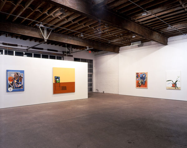 Installation view of Jonas Wood's first solo show in New York, featuring a group of paintings and some watercolor drawings. Some large paintings featured.