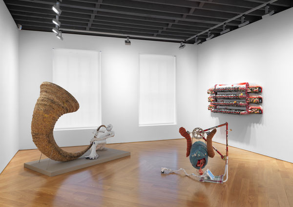 Group exhibition WirrWarr installation shots featuring works by gallery artists and others. David Altmejd, John Bock, and others are shown. Konst and Bock presented.