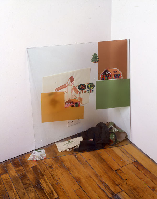 Installation view of Kai Althoff's first show in NYC, featuring drawings, photos, and a sculpture. One work featured.