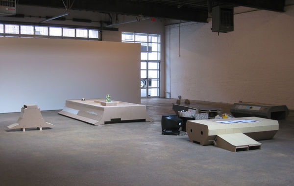 Installation view of Manfred Pernice's third solo show in New York titled Commerzbank. A few objects, benches, and scraps passed down from Kurt Schiwtters Merzbau.