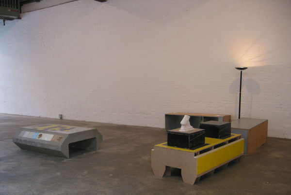 Installation view of Manfred Pernice's third solo show in New York titled Commerzbank. A few objects featured.