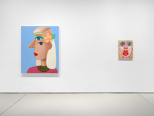 installation view of Brian Calvin's Waiting showcasing two of the artist's composite figures.