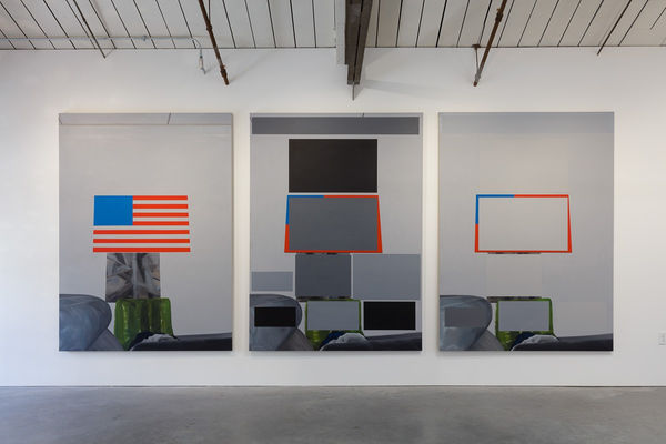 Installation view of the group show coordinated by Kreps and Kern Galleries, featuring many artists. Havekost triptych featured.