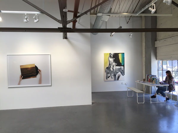 Installation view of the group show coordinated by Kreps and Kern Galleries, featuring many artists. Sasnal and Collier featured.