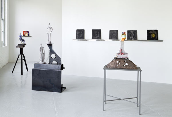 Installation view of Alessandro Pessoli's solo fair-show at Independent Art Fair 2014 at the Dia Art Gallery. Two sculptures and some two-dimensional works featured.