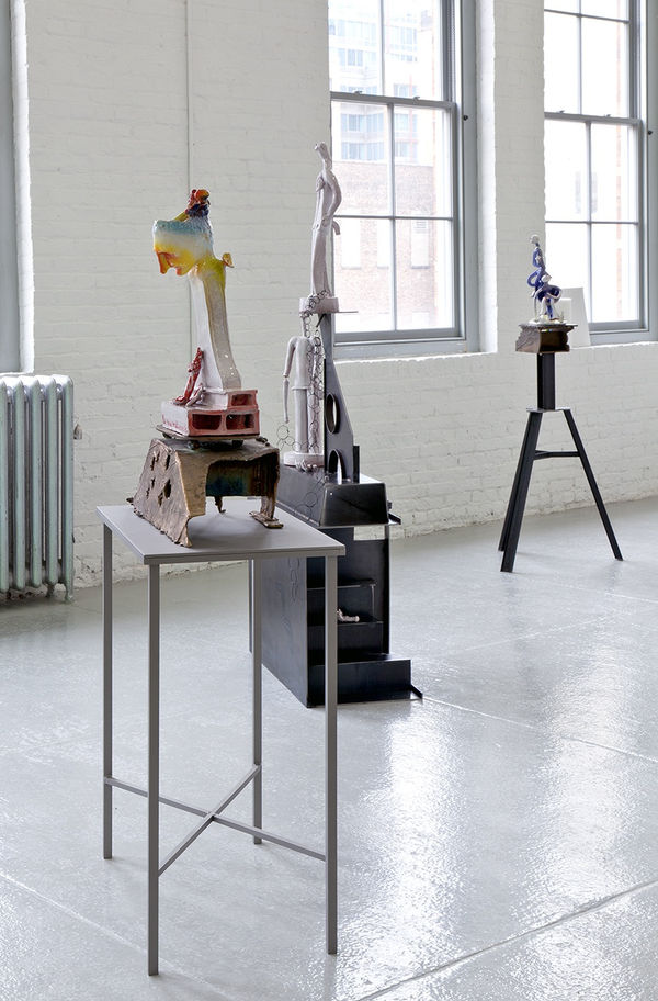 Installation view of Alessandro Pessoli's solo fair-show at Independent Art Fair 2014 at the Dia Art Gallery. Three sculptures presented.