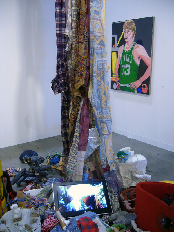 Installation view of the booth at Art Basel Miami 2007. Bock's installation with Wood's portrait of Larry Bird behind.