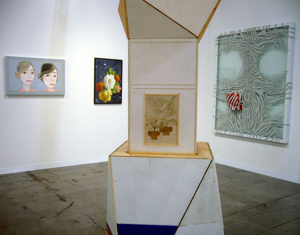 Installation view of the booth at Art Basel Miami 2007. Manfred Pernice and Michael Joo featured.