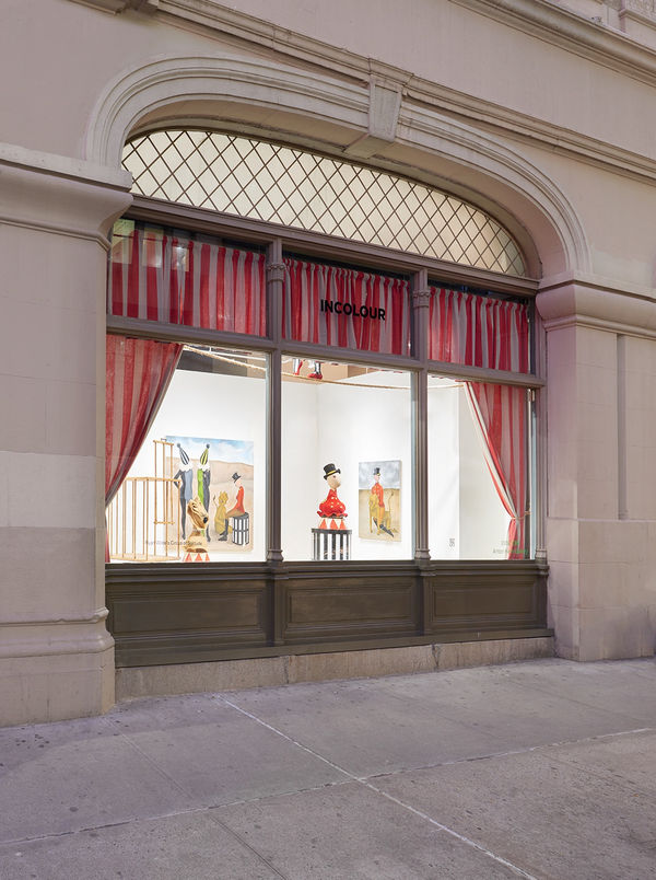 Installation view of the 2022 exhibition “Ryan Wilde's Circus of Solitude” at WINDOW with exterior view of floors, walls, artworks and ceiling.