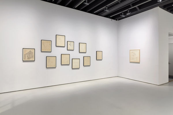Installation view of Andy Warhol drawings from the 1950's. A wall-collage of drawings presented here.