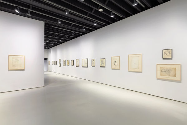 Installation view of Andy Warhol drawings from the 1950's. A long line of many drawings shown.,