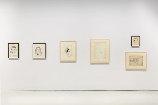 Installation view of Andy Warhol drawings from the 1950's. Four drawings presented.