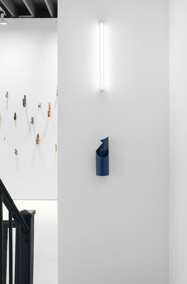 Installation view of the 2023 exhibition “Martino Gamper: I am many moods” with view of walls and artworks.