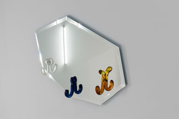 Installation view of the 2023 exhibition “Martino Gamper: I am many moods” with view of walls and artworks.