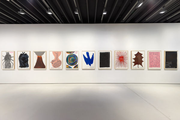 Installation view of David Shrigley's solo exhibition at the gallery with about 100 paintings and sculptures. Seven works shown in succession.
