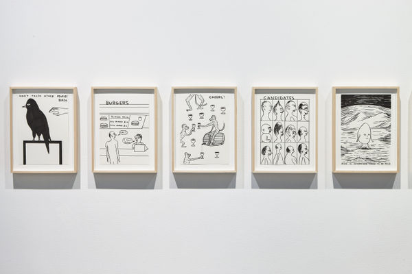 Installation view of David Shrigley's solo exhibition at the gallery with about 100 paintings and sculptures. Detail of some works.