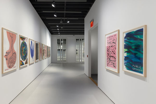 Installation view of David Shrigley's solo exhibition at the gallery with about 100 paintings and sculptures. Multiple works shown.