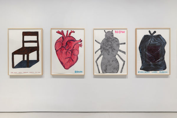 Installation view of David Shrigley's solo exhibition at the gallery with about 100 paintings and sculptures. Four works shown.