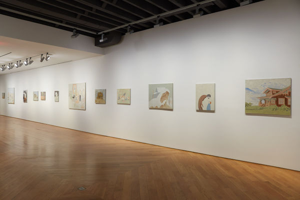 First exhibition at the gallery featuring David Byrd's paintings and drawings of thinly applied oil paint. Figures are usually depicted. Multiple smaller works pictured here.