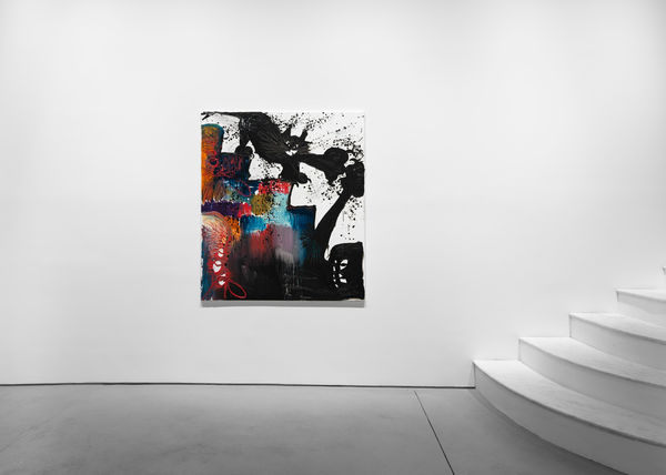 Installation view of Sankt Rufus, a solo exhibition featuring the works of Bendix Harms. Detail of Treppentreff (fearaway), a painting next to the stairs of the gallery.