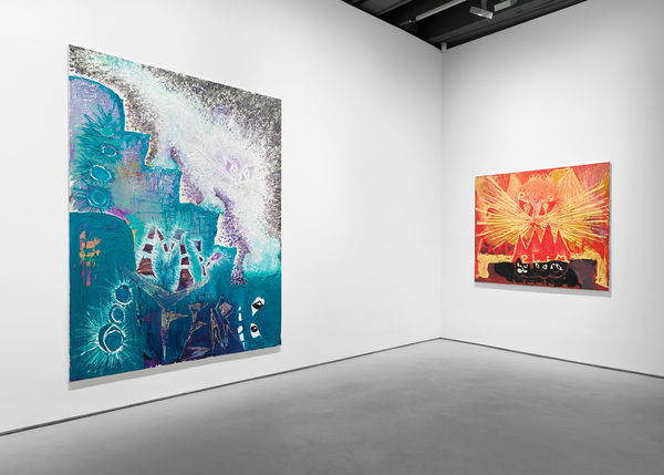 Installation view of Sankt Rufus, a solo exhibition featuring the works of Bendix Harms. MY fear, an aquatic colored work next to La Familia Plim, an ecstatically sunset colored work.