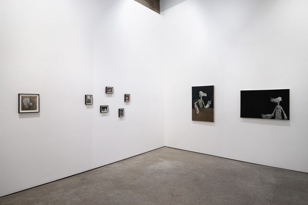 Installation view of Jonas Wood show titled Portraits. Several works shown,