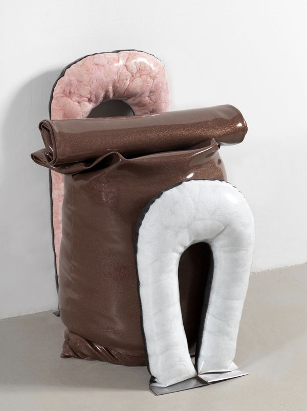 Cameron Clayborn coagulate, 2019 3 cushioncontainerbags: Vinyl, glitter vinyl, steel, polyfiber, bluejean, pink insulation 26 x 20 x 21" inches