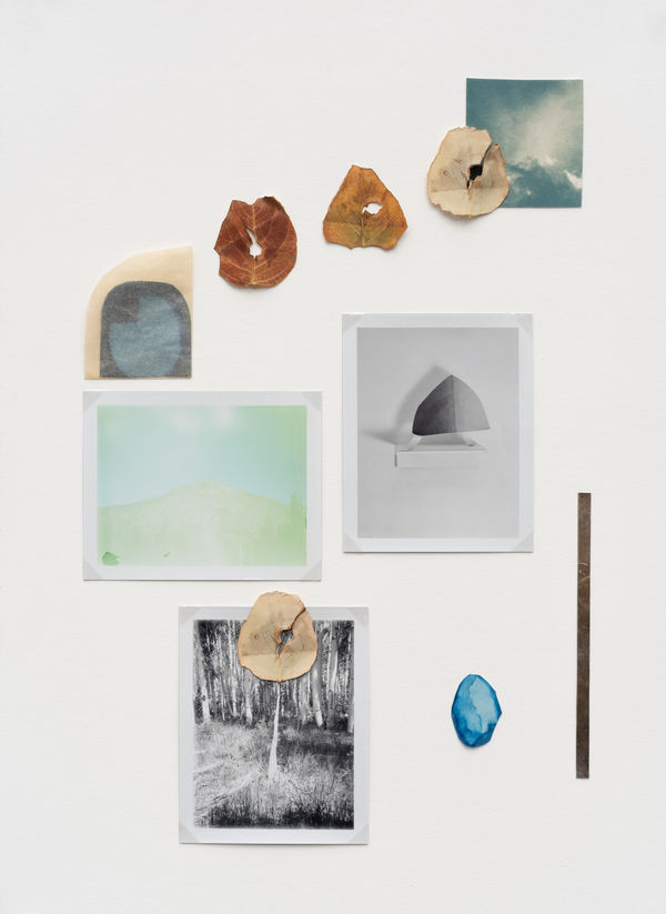 Sean McFarland alluvial fan, strange attractor (mountain on shelf) Dye diffusion transfer print, diffusion transfer print, cyanotype, prussian blue watercolor, modified envelope, elemental silver, inkjet, mirror 2011-2023 12 x 16.5"