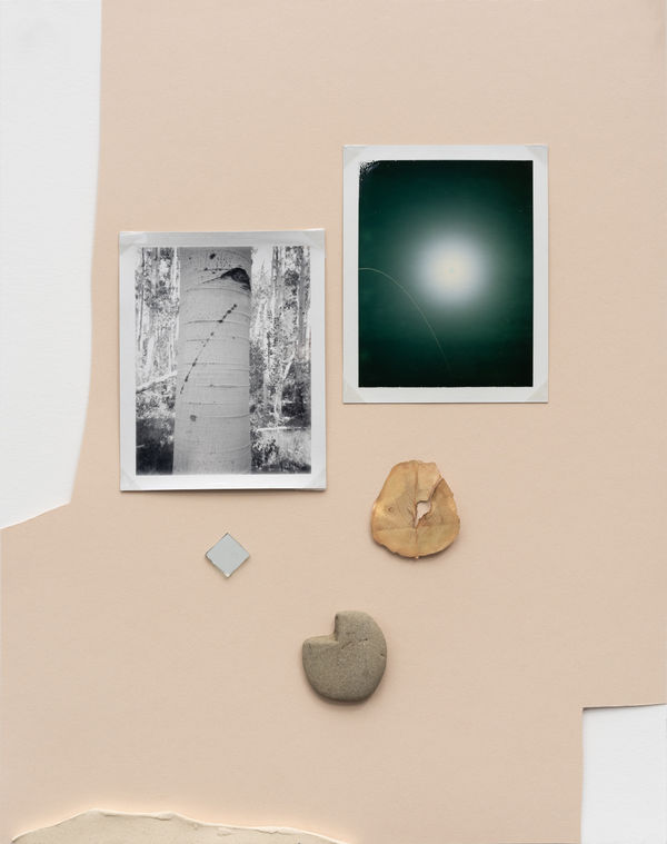 Sean McFarland alluvial fan, strange attractor (aspen, moon, star trail) Dye diffusion transfer print, diffusion transfer print, inkjet print, found rock, mirror, high-fire ceramic 2008-2023 11 x 14"