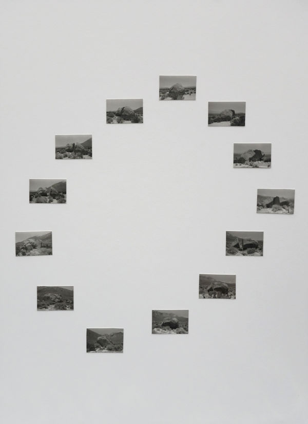 Sean McFarland alluvial fan, strange attractor (rock clock) 13 gelatin silver prints, pins 2023-2024 70 x 70"