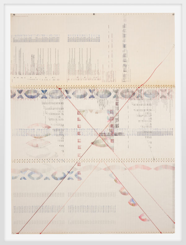 Message From Malaysia, 1976 pencil, colored pencil, ink, stamp and thread on found continuous-feed computer paper 44.5 x 33" [HxW] (113.03 x 83.82 cm)