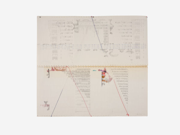 Binding, 1976 pencil, colored pencil, ink, stamp and thread on found continuous-feed computer paper 30 x 33" [HxW] (76.2 x 83.82 cm)