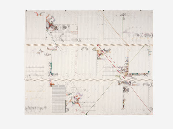 Right-On, 1976 pencil, colored pencil, stamp and thread on found continuous-feed computer paper 44.5 x 55" [HxW] (113.03 x 139.69 cm)