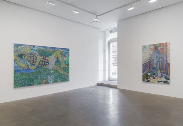 Installation view of two Hope Gangloff paintings exhibited at Susan Inglett Gallery