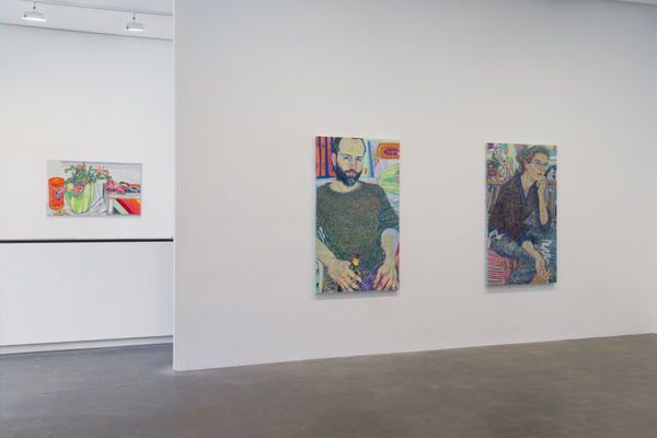 Installation view of three Hope Gangloff paintings exhibited at Susan Inglett Gallery
