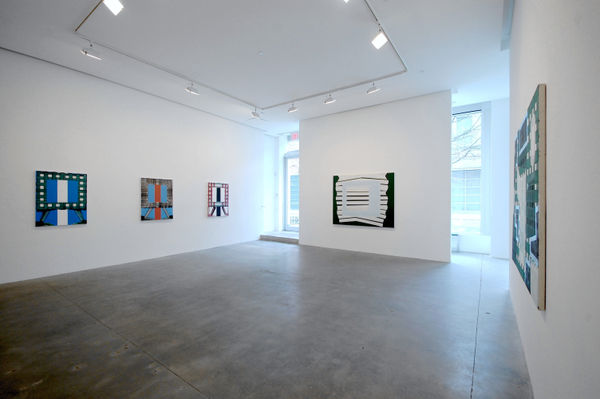 Installation view of five Gary Stephan paintings in an exhibition at Susan Inglett Gallery