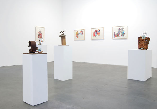 Installation view from George Herms's "ZEITGEIST BANDWAGON" exhibition at Susan Inglett Gallery