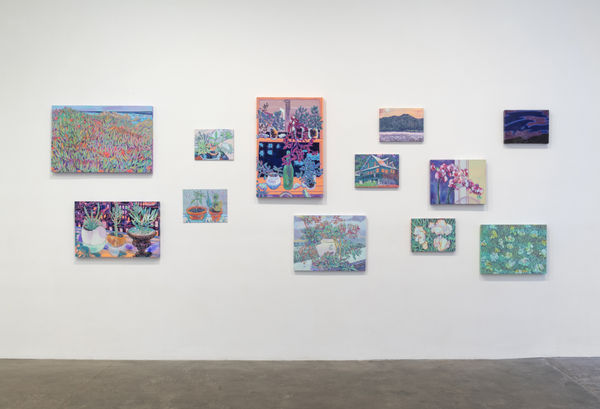 Installation View of Susan Inglett Gallery with may small works by Hope Gangloff hanging on the wall