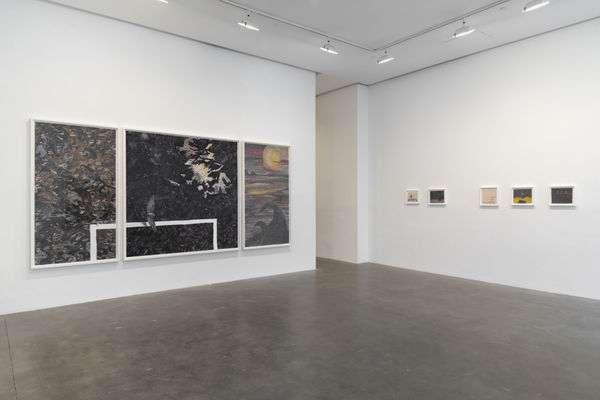 Installation View of Susan Inglett Gallery with three small works and one large work by Robyn O'Neil hanging on the walls