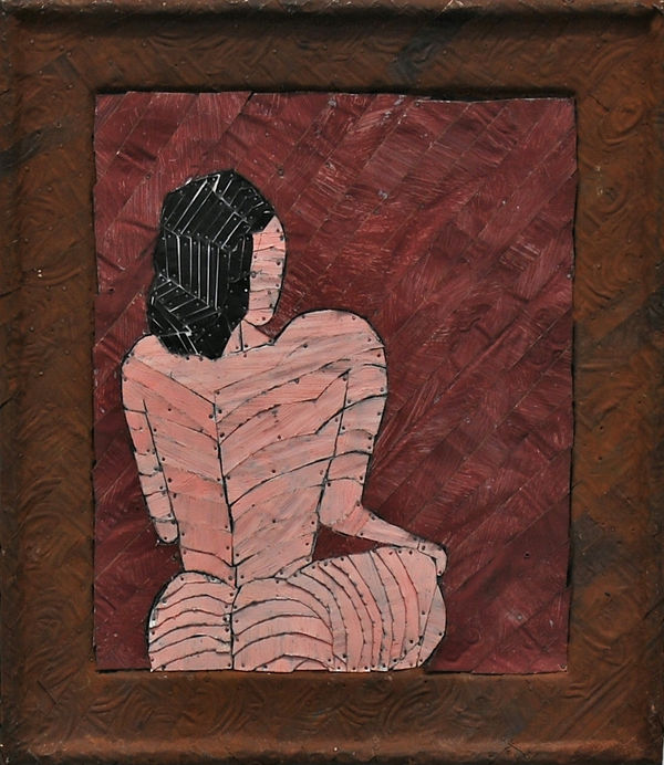 A nude woman sitting in a room made from strips of colored tin