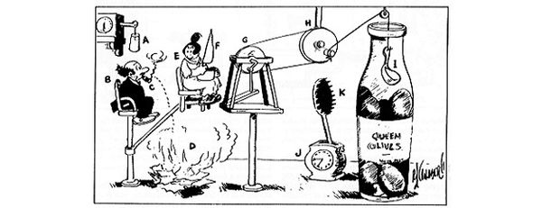 Black and white cartoon image with letters next to each object