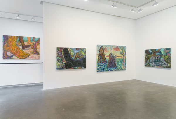 Installation view of four Ben Degen paintings exhibited at Susan Inglett Gallery