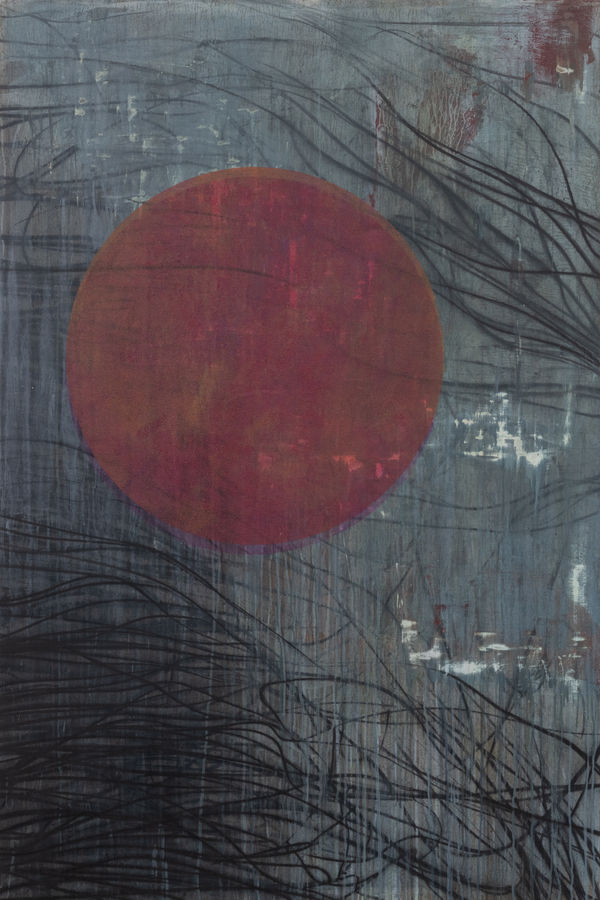 Abstract multimedia on canvas artwork with a large red circle in the upper left register surrounded by black squiggly lines that resemble hair