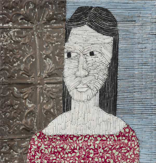 Portrait of a woman made from strips of colored tin