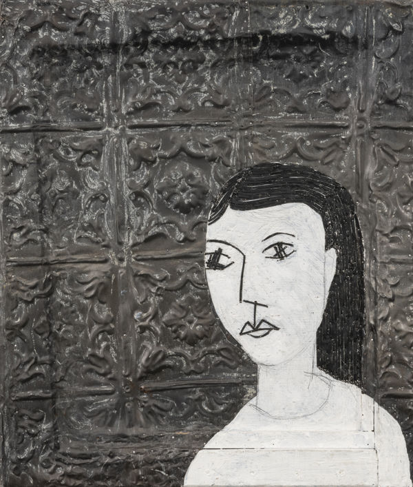 A painting of a young girl in front of tin wallpaper with a floral motif