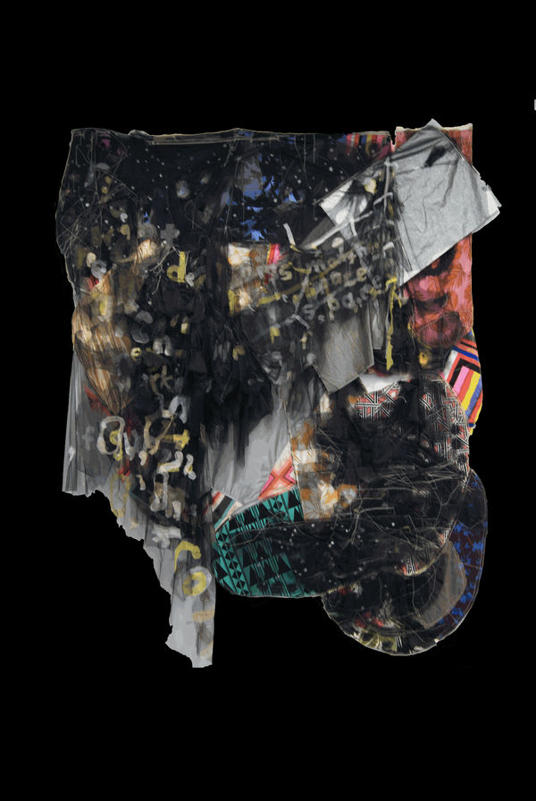 A billowing banner resembling many layers of dark bunting made from scraps of fabric